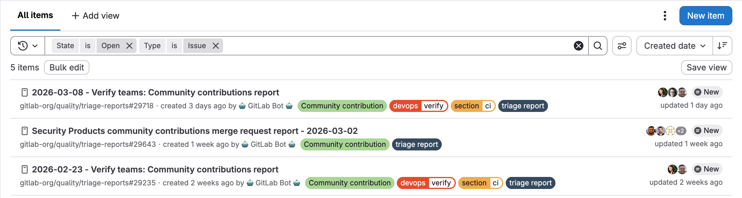 A list of issues sorted by Created date. The tabs &ldquo;All items&rdquo; and &ldquo;+ Add view&rdquo; are visible in the upper-left. A vertical ellipsis control is in the top-right, next to a &ldquo;New items&rdquo; button