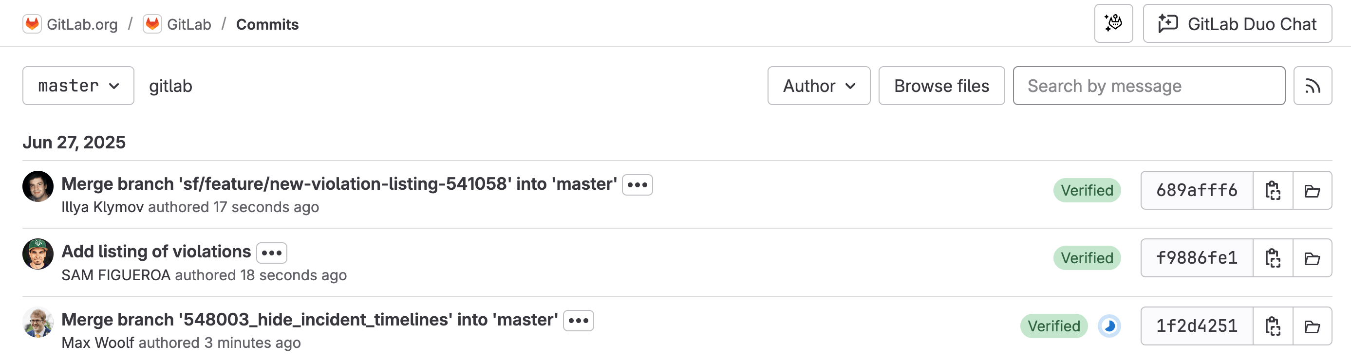 An example of a repository&rsquo;s commits list