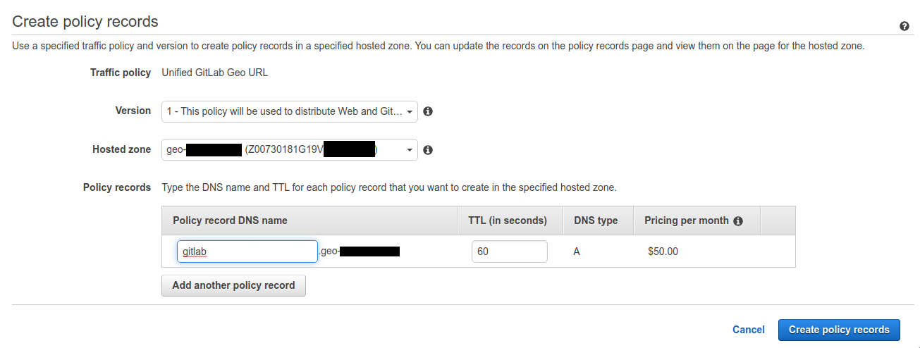 Web form for creating DNS policy records with fields for traffic policy, version, hosted zone, and DNS configuration settings