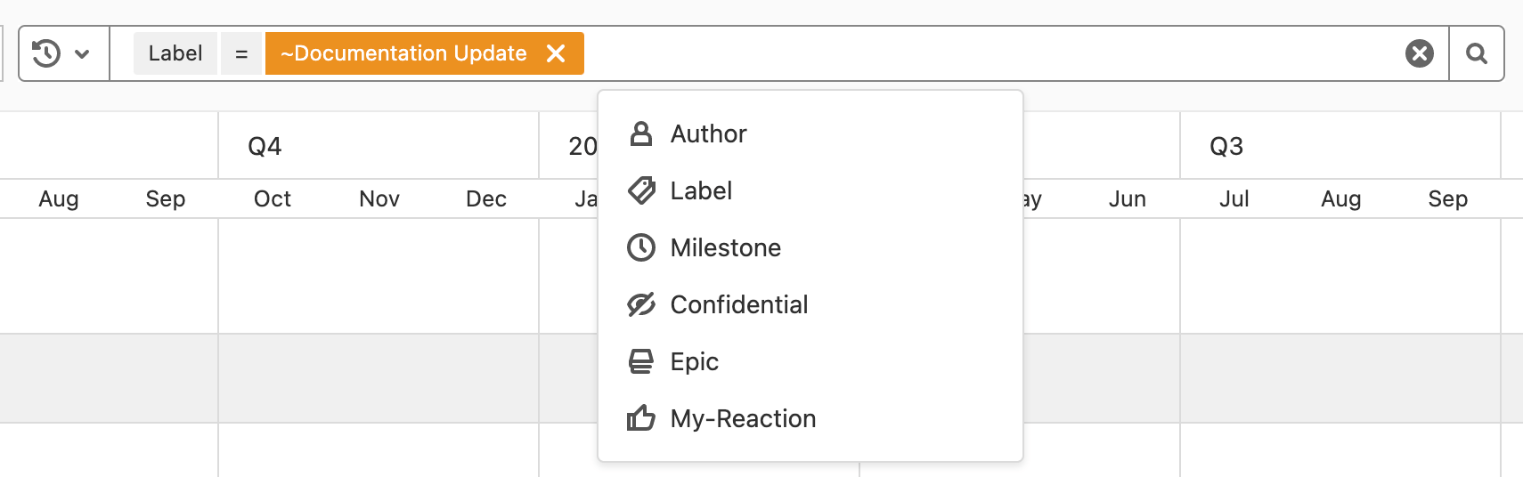 Filtering a GitLab epics roadmap by &lsquo;Documentation Update&rsquo; label, showing additional filter options in the dropdown .